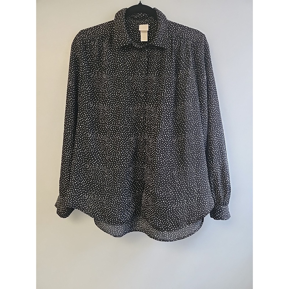 H&M Womens‎ 8 Long Black White Polka Dot  Sleeve Speck Pleated Blouse